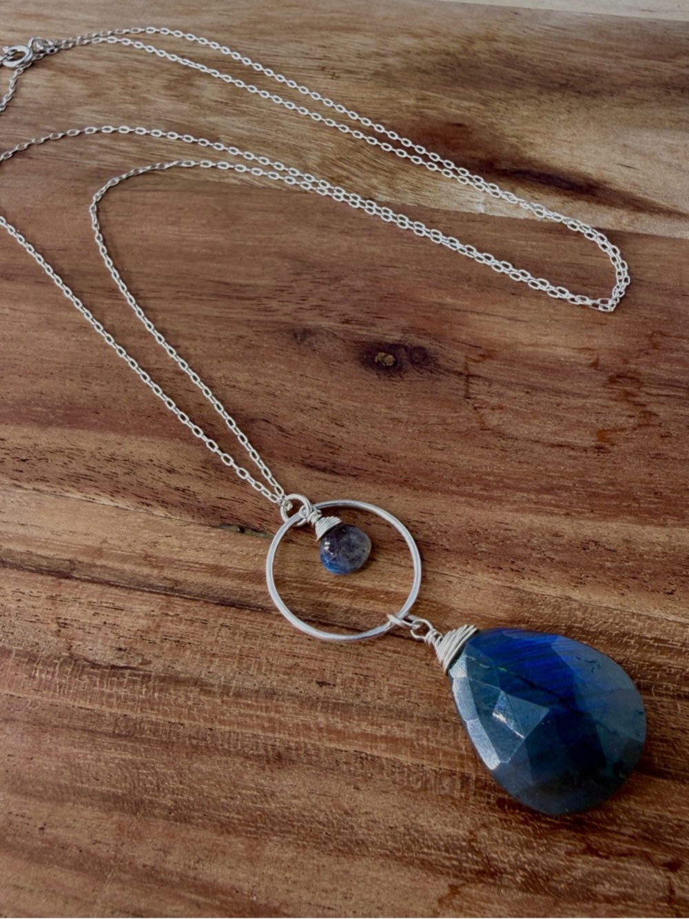 Long Labradorite Pendant Necklace, Sterling Silver Chain Necklace